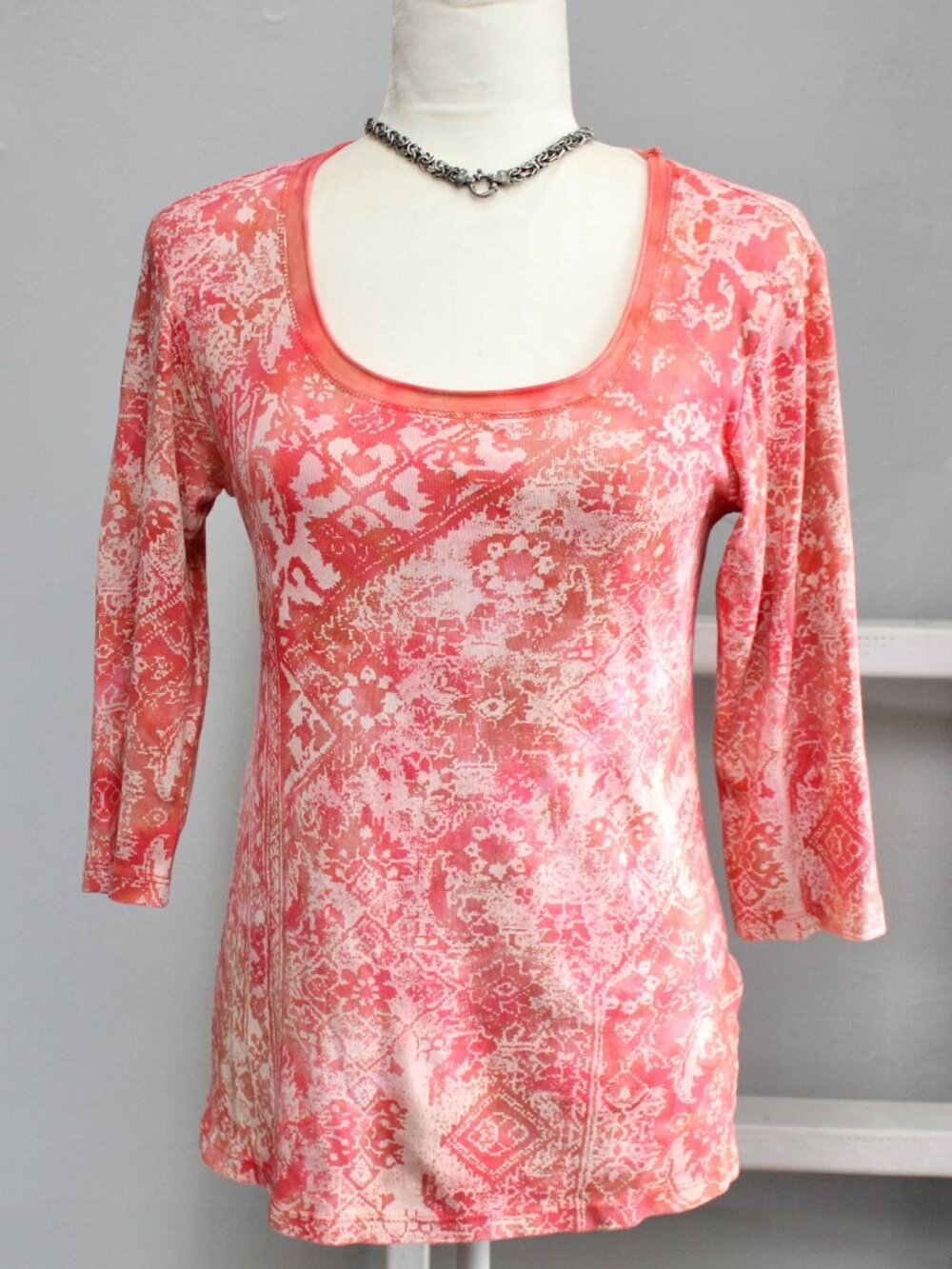 Glima Vintage Y2K Exotic Rug Floral Top Red Orange Cream 3/4 Sleeves Size Small